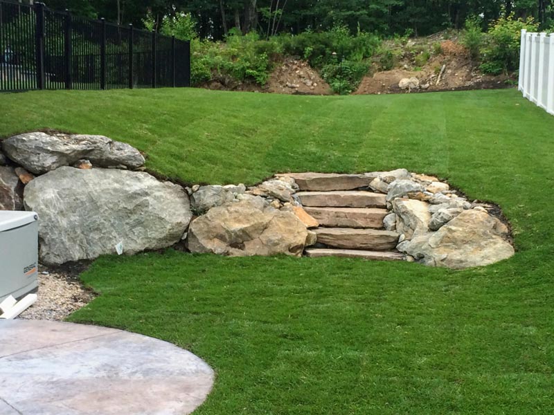 Stone stairs in a yard.